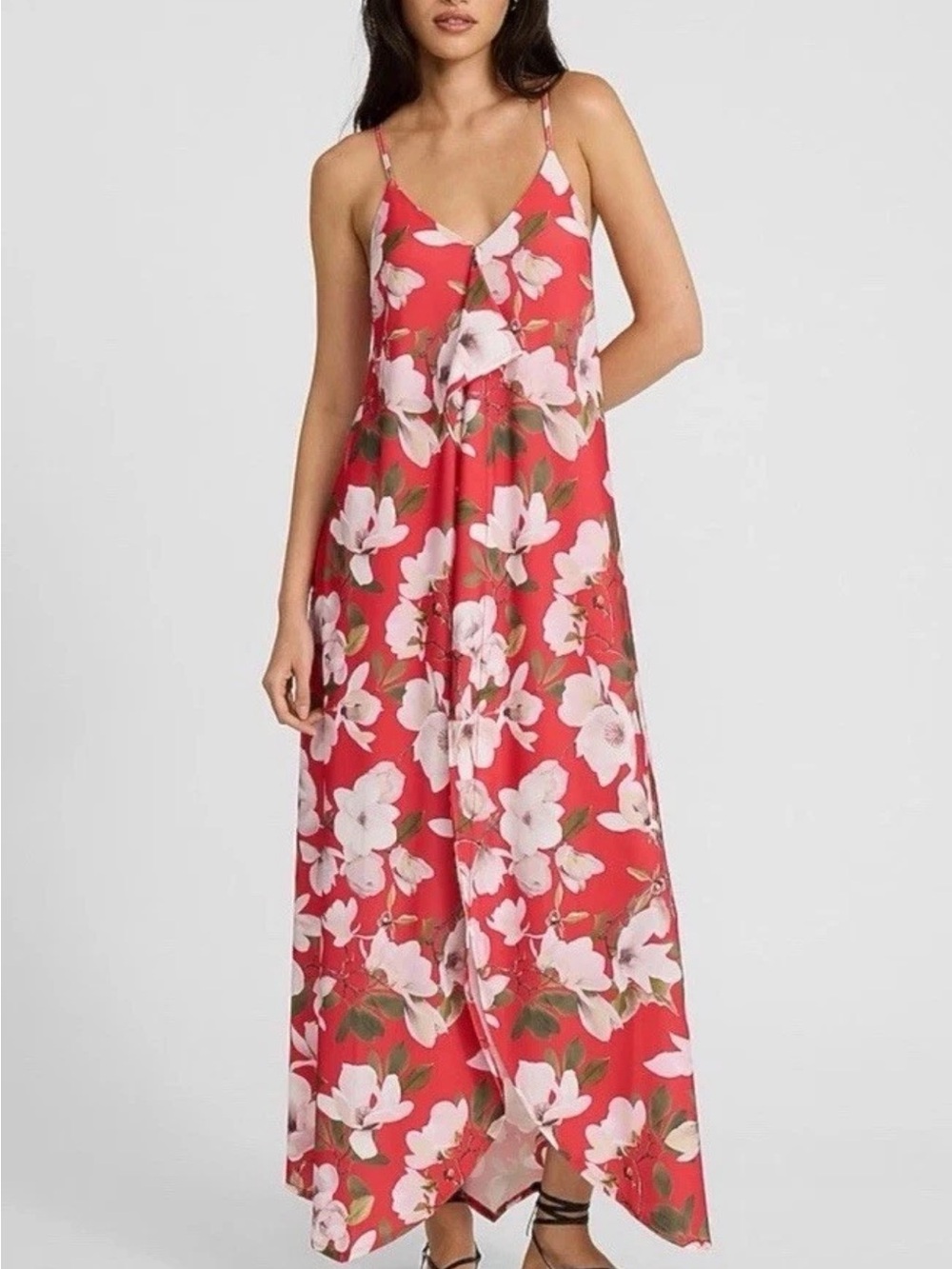 NWT Express Red Floral V-Neck Spaghetti Strap Maxi Dress XS